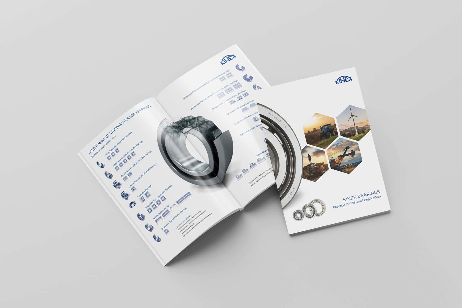 KINEX Bearings brochure showcasing roller bearing products and their industrial applications.