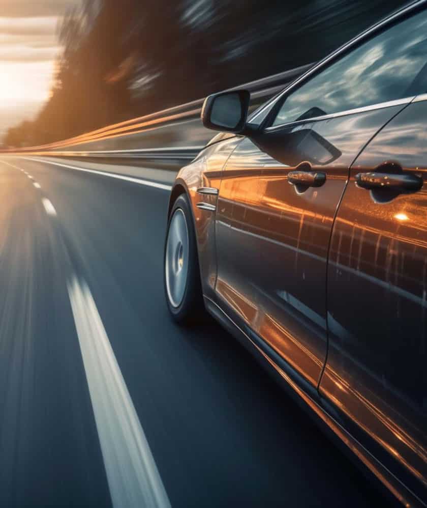 Modern car driving at high speed on a highway at sunset, highlighting innovation, performance, and advanced engineering in the automotive industry.